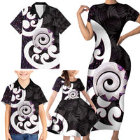 Aotearoa Koru Family Matching Short Sleeve Bodycon Dress and Hawaiian Shirt Purple Maori Paua Shell Mix Silver Fern LT14 - Polynesian Pride
