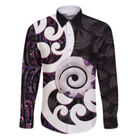 Aotearoa Koru Family Matching Tank Maxi Dress and Hawaiian Shirt Purple Maori Paua Shell Mix Silver Fern LT14 Dad's Shirt - Long Sleeve Black - Polynesian Pride