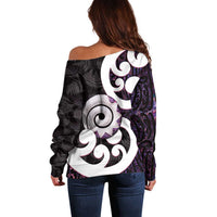 Aotearoa Koru Off Shoulder Sweater Purple Maori Paua Shell Mix Silver Fern