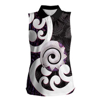 Aotearoa Koru Women Sleeveless Polo Shirt Purple Maori Paua Shell Mix Silver Fern LT14 Female Black - Polynesian Pride