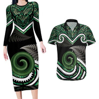 Koru Pounamu Aotearoa Couples Matching Long Sleeve Bodycon Dress and Hawaiian Shirt Maori Paua Shell Mix Silver Fern LT14 Black - Polynesian Pride