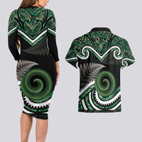 Koru Pounamu Aotearoa Couples Matching Long Sleeve Bodycon Dress and Hawaiian Shirt Maori Paua Shell Mix Silver Fern LT14 - Polynesian Pride