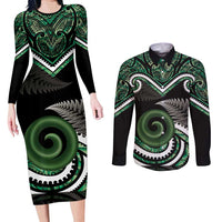 Koru Pounamu Aotearoa Couples Matching Long Sleeve Bodycon Dress and Long Sleeve Button Shirt Maori Paua Shell Mix Silver Fern LT14 Black - Polynesian Pride