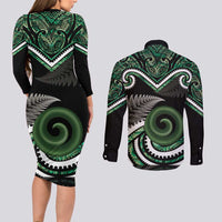 Koru Pounamu Aotearoa Couples Matching Long Sleeve Bodycon Dress and Long Sleeve Button Shirt Maori Paua Shell Mix Silver Fern LT14 - Polynesian Pride