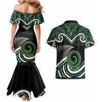 Koru Pounamu Aotearoa Couples Matching Mermaid Dress and Hawaiian Shirt Maori Paua Shell Mix Silver Fern LT14 - Polynesian Pride