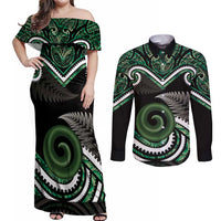 Koru Pounamu Aotearoa Couples Matching Off Shoulder Maxi Dress and Long Sleeve Button Shirt Maori Paua Shell Mix Silver Fern LT14 Black - Polynesian Pride