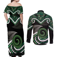 Koru Pounamu Aotearoa Couples Matching Off Shoulder Maxi Dress and Long Sleeve Button Shirt Maori Paua Shell Mix Silver Fern LT14 - Polynesian Pride