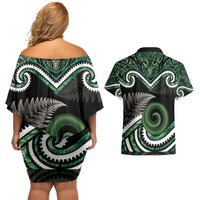 Koru Pounamu Aotearoa Couples Matching Off Shoulder Short Dress and Hawaiian Shirt Maori Paua Shell Mix Silver Fern LT14 - Polynesian Pride