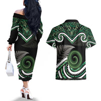 Koru Pounamu Aotearoa Couples Matching Off The Shoulder Long Sleeve Dress and Hawaiian Shirt Maori Paua Shell Mix Silver Fern LT14 - Polynesian Pride