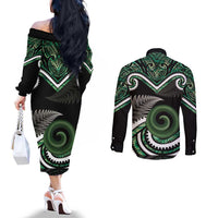 Koru Pounamu Aotearoa Couples Matching Off The Shoulder Long Sleeve Dress and Long Sleeve Button Shirt Maori Paua Shell Mix Silver Fern LT14 - Polynesian Pride