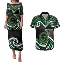 Koru Pounamu Aotearoa Couples Matching Puletasi and Hawaiian Shirt Maori Paua Shell Mix Silver Fern LT14 Black - Polynesian Pride