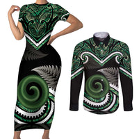 Koru Pounamu Aotearoa Couples Matching Short Sleeve Bodycon Dress and Long Sleeve Button Shirt Maori Paua Shell Mix Silver Fern LT14 Black - Polynesian Pride