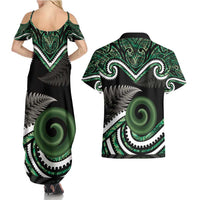 Koru Pounamu Aotearoa Couples Matching Summer Maxi Dress and Hawaiian Shirt Maori Paua Shell Mix Silver Fern LT14 - Polynesian Pride