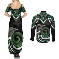 Koru Pounamu Aotearoa Couples Matching Summer Maxi Dress and Long Sleeve Button Shirt Maori Paua Shell Mix Silver Fern LT14 - Polynesian Pride