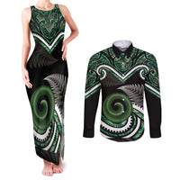 Koru Pounamu Aotearoa Couples Matching Tank Maxi Dress and Long Sleeve Button Shirt Maori Paua Shell Mix Silver Fern LT14 Black - Polynesian Pride