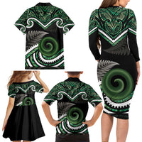 Koru Pounamu Aotearoa Family Matching Long Sleeve Bodycon Dress and Hawaiian Shirt Maori Paua Shell Mix Silver Fern LT14 - Polynesian Pride