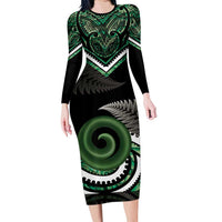 Koru Pounamu Aotearoa Family Matching Long Sleeve Bodycon Dress and Hawaiian Shirt Maori Paua Shell Mix Silver Fern LT14 Mom's Dress Black - Polynesian Pride