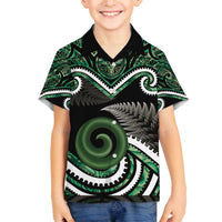 Koru Pounamu Aotearoa Family Matching Off The Shoulder Long Sleeve Dress and Hawaiian Shirt Maori Paua Shell Mix Silver Fern LT14 Son's Shirt Black - Polynesian Pride