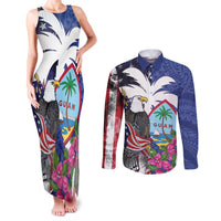 United States Guam Couples Matching Tank Maxi Dress and Long Sleeve Button Shirt USA Eagle Guahan Seal Bougainvillea LT14 Blue - Polynesian Pride