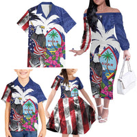United States Guam Family Matching Off The Shoulder Long Sleeve Dress and Hawaiian Shirt USA Eagle Guahan Seal Bougainvillea LT14 - Polynesian Pride