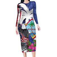 United States Guam Long Sleeve Bodycon Dress USA Eagle Guahan Seal Bougainvillea LT14 Long Dress Blue - Polynesian Pride