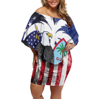 United States Guam Off Shoulder Short Dress USA Eagle Guahan Seal Bougainvillea LT14 Women Blue - Polynesian Pride