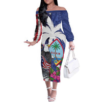 United States Guam Off The Shoulder Long Sleeve Dress USA Eagle Guahan Seal Bougainvillea LT14 Women Blue - Polynesian Pride