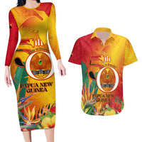 Papua New Guinea Independence Day Couples Matching Long Sleeve Bodycon Dress and Hawaiian Shirt 50th Anniversary Unity in Diversity LT14 Red - Polynesian Pride