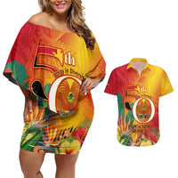 Papua New Guinea Independence Day Couples Matching Off Shoulder Short Dress and Hawaiian Shirt 50th Anniversary Unity in Diversity LT14 Red - Polynesian Pride