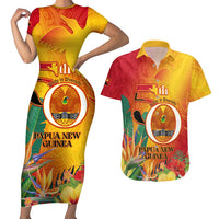Papua New Guinea Independence Day Couples Matching Short Sleeve Bodycon Dress and Hawaiian Shirt 50th Anniversary Unity in Diversity LT14 Red - Polynesian Pride
