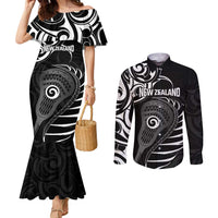 Personalised New Zealand Silver Fern Lacrosse Couples Matching Mermaid Dress and Long Sleeve Button Shirt Aotearoa Maori Pattern LT14 Black - Polynesian Pride