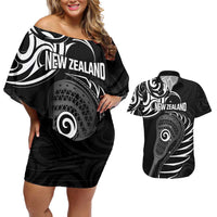 Personalised New Zealand Silver Fern Lacrosse Couples Matching Off Shoulder Short Dress and Hawaiian Shirt Aotearoa Maori Pattern LT14 Black - Polynesian Pride