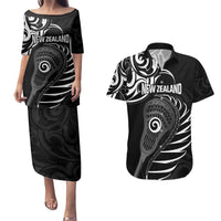 Personalised New Zealand Silver Fern Lacrosse Couples Matching Puletasi and Hawaiian Shirt Aotearoa Maori Pattern LT14 Black - Polynesian Pride