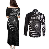 Personalised New Zealand Silver Fern Lacrosse Couples Matching Puletasi and Long Sleeve Button Shirt Aotearoa Maori Pattern LT14 - Polynesian Pride
