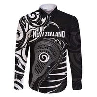 Personalised New Zealand Silver Fern Lacrosse Family Matching Mermaid Dress and Hawaiian Shirt Aotearoa Maori Pattern LT14 Dad's Shirt - Long Sleeve Black - Polynesian Pride