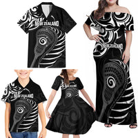 Personalised New Zealand Silver Fern Lacrosse Family Matching Off Shoulder Maxi Dress and Hawaiian Shirt Aotearoa Maori Pattern LT14 - Polynesian Pride