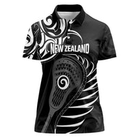 Personalised New Zealand Silver Fern Lacrosse Women Polo Shirt Aotearoa Maori Pattern LT14 Female Black - Polynesian Pride