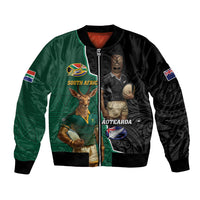 Personalised New Zealand And South Africa Rugby Bomber Jacket 2024 All Black Springboks Mascots Together LT14 Unisex Green - Polynesian Pride