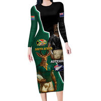 Personalised New Zealand And South Africa Rugby Family Matching Long Sleeve Bodycon Dress and Hawaiian Shirt 2024 All Black Springboks Mascots Together LT14 Mom's Dress Green - Polynesian Pride