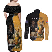 Personalised New Zealand And Australia Rugby Couples Matching Off Shoulder Maxi Dress and Long Sleeve Button Shirt 2024 All Black Wallabies Mascots Together LT14 - Polynesian Pride
