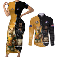 Personalised New Zealand And Australia Rugby Couples Matching Short Sleeve Bodycon Dress and Long Sleeve Button Shirt 2024 All Black Wallabies Mascots Together LT14 Black - Polynesian Pride