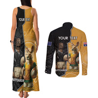 Personalised New Zealand And Australia Rugby Couples Matching Tank Maxi Dress and Long Sleeve Button Shirt 2024 All Black Wallabies Mascots Together LT14 - Polynesian Pride