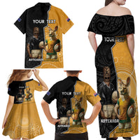 Personalised New Zealand And Australia Rugby Family Matching Off Shoulder Maxi Dress and Hawaiian Shirt 2024 All Black Wallabies Mascots Together LT14 - Polynesian Pride