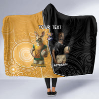 Personalised New Zealand And Australia Rugby Hooded Blanket 2024 All Black Wallabies Mascots Together LT14 - Polynesian Pride