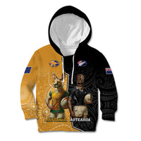 Personalised New Zealand And Australia Rugby Kid Hoodie 2024 All Black Wallabies Mascots Together LT14 Hoodie Black - Polynesian Pride