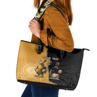 Personalised New Zealand And Australia Rugby Leather Tote Bag 2024 All Black Wallabies Mascots Together LT14 Black - Polynesian Pride