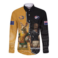 Personalised New Zealand And Australia Rugby Long Sleeve Button Shirt 2024 All Black Wallabies Mascots Together LT14 Unisex Black - Polynesian Pride
