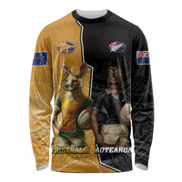 Personalised New Zealand And Australia Rugby Long Sleeve Shirt 2024 All Black Wallabies Mascots Together LT14 Unisex Black - Polynesian Pride