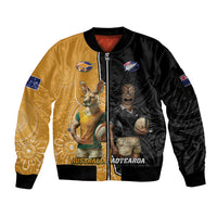 Personalised New Zealand And Australia Rugby Sleeve Zip Bomber Jacket 2024 All Black Wallabies Mascots Together LT14 Unisex Black - Polynesian Pride