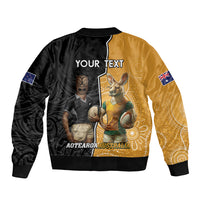 Personalised New Zealand And Australia Rugby Sleeve Zip Bomber Jacket 2024 All Black Wallabies Mascots Together LT14 - Polynesian Pride